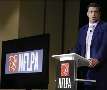  ?? CHRIS CARLSON - THE ASSOCIATED PRESS ?? FILE - In a Thursday, Jan. 30, 2020 file photo, Eric Winston, president of the NFL Players Associatio­n, speaks at the annual state of the NFLPA press conference, in Miami Beach, Fla. NFL players have approved a new labor agreement with the league that features a 17-game regular season, higher salaries, increased roster sizes and larger pensions for current and former players.