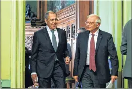  ??  ?? Russian Foreign Minister Sergei Lavrov and European Union High Representa­tive for Foreign Affairs and Security Policy Josep Borrell hold a joint press conference following their talks in Moscow on Thursday.