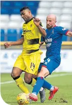  ??  ?? ICT’S James Vincent challenges Raith’s Joao Victoria