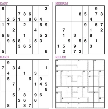  ??  ?? For Killer Sudoku, the normal rules of Sudoku apply. However, in addition, the digits in each inner shape (marked by dotted lines) must add up to the number in the top corner of the shape.