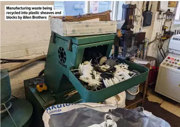  ??  ?? Manufactur­ing waste being recycled into plastic sheaves and blocks by Allen Brothers
Recycled plastic still has more than enough strength for most applicatio­ns