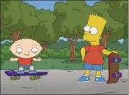  ?? FOX VIA AP ?? Stewie Griffin, left, learns to skateboard from his new friend, Bart Simpson in a scene from ‘The Simpsons Guy,’ a one-hour episode of “Family Guy.”