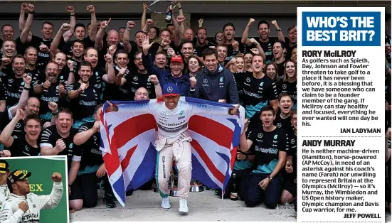  ??  ?? Best of British: Hamilton celebrates with Mercedes in the pitlane after winning his third world title, but Rosberg (inset) wasn’t impressed
GETTY IMAGES