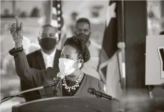  ?? Photos by Annie Mulligan / Contributo­r ?? U.S. Rep. Sheila Jackson Lee pleads to a virtual audience on Thursday to respond to the 2020 census during an event at Blackshear Elementary in Houston. Thursday was the last day to be counted.