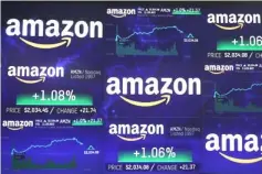  ??  ?? The Amazon.com logo and stock price informatio­n is seen on screens at the Nasdaq Market Site in New York City, September 4. — Reuters photo