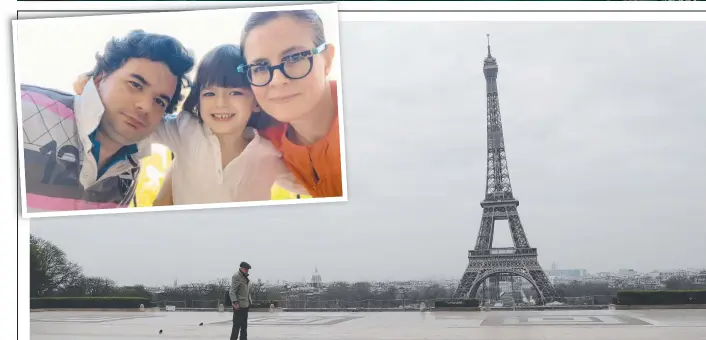  ?? Picture: AFP ?? Elizabeth Boursier-Cleveland, with her husband Mathieu and daughter Anne, are under lockdown in Paris, where all but essential outings have been prohibited.