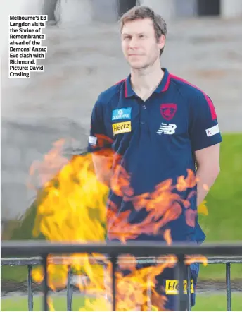  ?? Picture: David Crosling ?? Melbourne’s Ed Langdon visits the Shrine of Remembranc­e ahead of the Demons’ Anzac Eve clash with Richmond.