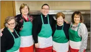  ?? SENTINEL AND ENTERPRISE PHOTO ?? All smiles are in the kitchen. Pictured, left to right, is Beth Donlan, Fran Bassett, Father Carlos Ruiz, Joan O’connor, and Angela Cahill last year in the kitchen preparing for the Lenten Fish Dinners. The first dinner of this Lenten season will be held from 4 until 7 p.m. Friday, Feb. 24, in the church hall.