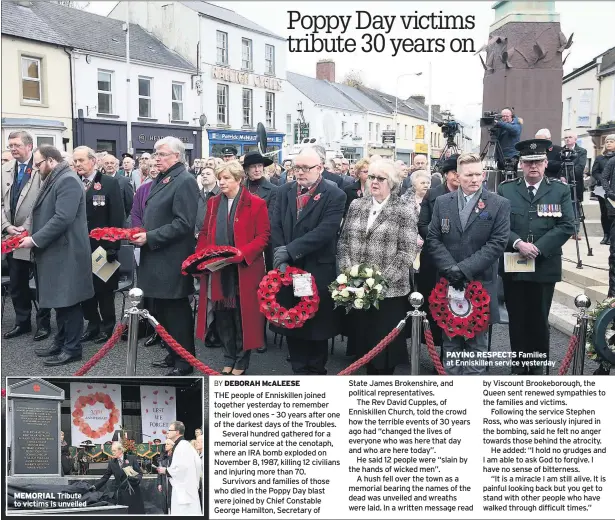 ??  ?? MEMORIAL Tribute to victims is unveiled THE people of Enniskille­n joined together yesterday to remember their loved ones – 30 years after one of the darkest days of the Troubles.
Several hundred gathered for a memorial service at the cenotaph, where...