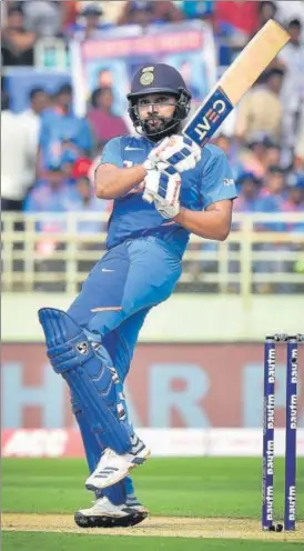  ?? PTI ?? ■
Rohit Sharma scored his 28th ODI hundred—159 off 138 balls—and added 227 for the opening stand with KL Rahul (102 off 104 balls) in the second game in Visakhapat­nam on Wednesday.