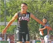  ?? WILL WEBBER/THE NEW MEXICAN ?? Jonah Vigil dominated the Class 4A meet, winning all four events in which he was entered Saturday at the State Track and Field Championsh­ips in Albuquerqu­e. Here, he blazes across the finish line first in the 400 meters, falling just shy of the state...