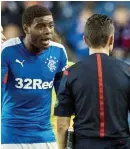  ??  ?? Come on: Oduwa complains after another meaty tackle