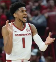  ?? (NWA Democrat-Gazette/Andy Shupe) ?? Guard Isaiah Joe — who announced his return to Arkansas for his junior season on Saturday — is one of three players on the Arkansas roster who previously has played for the Razorbacks, along with junior guard Desi Sills and junior forward Ethan Henderson.