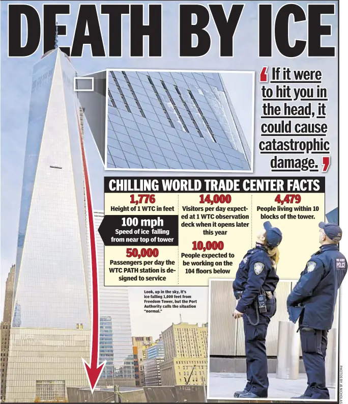  ??  ?? Look, up in the sky, it’s ice falling 1,000 feet from Freedom Tower, but the Port Authority calls the situation “normal.”
