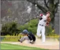  ?? PETE BANNAN — DIGITAL FIRST MEDIA ?? Conestoga’s Nick Marchese tags out Ridley’s Dennis Donegan and throws to first base for a game-ending double play in the Pioneers’ 11-1 home opener victory Thursday.