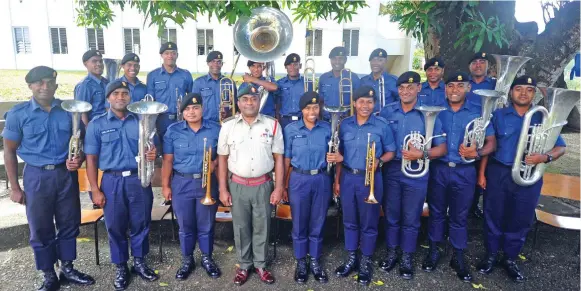  ?? Photo: RFMF Media Cell ?? The Republic of the Fiji Military Forces Navy Band with the RFMF Music Director Major Meli Bulitiliva (fourth from left) at QEB Barracks.