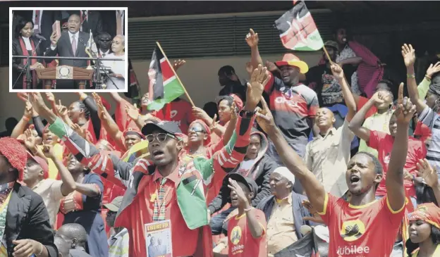  ??  ?? 0 Jubilee Party supporters celebrate during the inaugurati­on ceremony of President Uhuru Kenyatta, inset, during his inaugurati­on ceremony at Kasarani Stadium