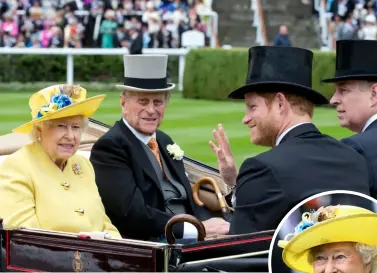  ??  ?? Clockwise from top left: The Queen arriving at Royal Ascot with Prince Philip, Prince Andrew and Prince Harry; the Queen and Sophie, Countess of Wessex, enjoy the second day at Ascot; Her Majesty was in high spirits throughout Ascot; receiving her...