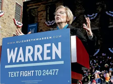  ?? AP ?? Senator Elizabeth Warren, D-Mass., speaks during an event to formally launch her presidenti­al campaign, at the weekend in Lawrence, Massachuse­tts.