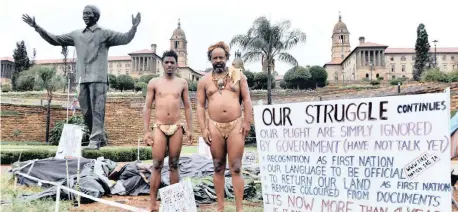  ?? OUPA MOKOENA ?? THE Khoisan group camping at the Union Buildings are ready to spend another festive season if President Cyril Ramaphosa does not address them about their demands. African News Agency (ANA) |