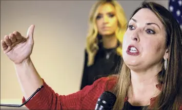  ?? Samuel Corum / Getty Images ?? RNC Chairwoman Ronna Mcdaniel speaks during a news conference Monday alongside White House Press Secretary Kayleigh Mcenany in Washington. The Trump administra­tion continues to claim that there may have been widespread voter fraud in the 2020 election.