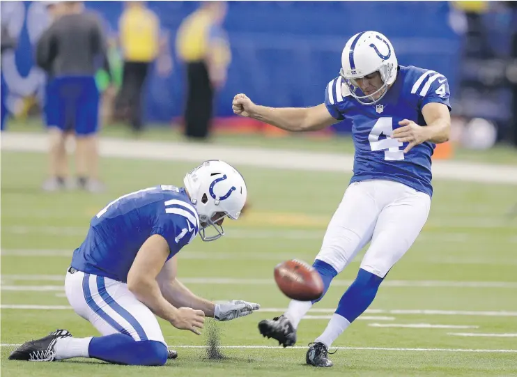 ??  ?? Powerful kickers such as the Indianapol­is’s Adam Vinatieri would benefit if a point were given for putting the ball over the crossbar on kickoffs.
