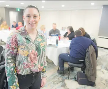  ?? MICHAEL BELL ?? Chelsey Zelizney, a Saskatoon-based educator and advocate with Bridges Health, was at TraveLodge this week to lead a workshop aimed at teaching people how to deal with those having mental health issues.