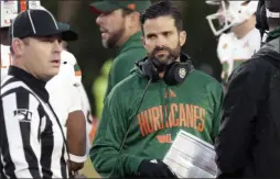  ?? CHRIS SEWARD ?? Miami head coach Manny Diaz looks to an official during the second quarter of an NCAA college football game against Duke in Durham, N.C., Saturday, Nov. 30, 2019.