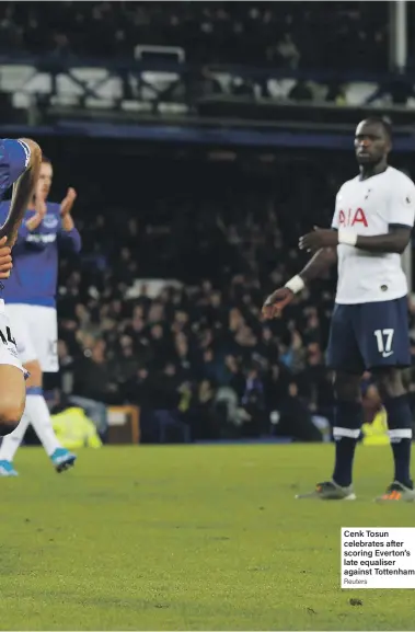  ?? Reuters ?? Cenk Tosun celebrates after scoring Everton’s late equaliser against Tottenham