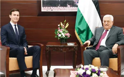  ??  ?? Palestinia­n leader Mahmoud Abbas, right, in a talk with the US president’s senior advisor and son-in-law Jared Kushner in the West Bank city of Ramallah on Wednesday. (AFP)