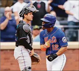  ?? Christophe­r Pasatieri / Getty Images ?? The Mets’ Francisco Lindor reacts after hitting a two-run home run in the bottom of the third inning against the Marlins at Citi Field on Saturday.