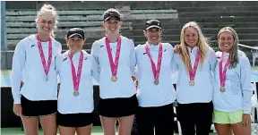  ?? ?? The winning NZ team in 2020 — Erin Routliffe, left, Emily Fanning, Kelly Southwood, Marina Erakovic, Valentina Ivanov and Paige Hourigan.