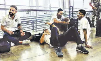  ?? TWITTER ?? (From left) India captain Virat Kohli, MS Dhoni, KL Rahul and Hardik Pandya at the Chennai airport while waiting for their flight to Kolkata on Monday.