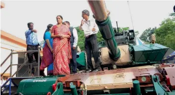  ?? — PTI ?? Defence minister Nirmala Sitharaman visits the Combat Vehicles Research & Developmen­t Establishm­ent at Avadi, Chennai, on Saturday.