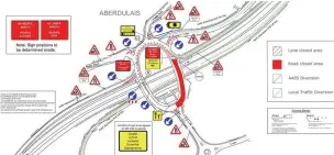  ??  ?? Map showing the closure (red), lane closures (red dots) and diversions (green and blue).