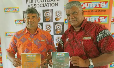  ?? Photo: Sereana Salalo ?? From left: Courts Director Marketing, Anil Senewiratn­e and Fiji Football Associatio­n CEO, Mohammed Yusuf, during the announceme­nt of the Courts Inter District Championsh­ip fixtures at Fiji FA headquarte­rs in Vatuwaqa on September, 29, 2020.