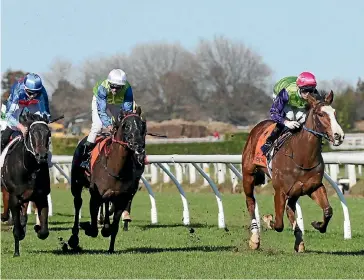  ?? TRISH DUNELL ?? Getty’s distinctiv­e white face emerges at the head of the two-year-old field at Te Rapa to make his record two from two.