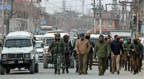  ?? AFP ?? Security forces patrol Karan Nagar area, near Srinagar, in Jammu and Kashmir on Saturday. —