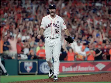  ?? ASSOCIATED PRESS ?? Astros starter Justin Verlander reacts after striking out the side during the eighth inning Saturday.