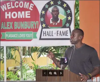  ??  ?? Guyana-born and Canada football great Alex Bunbury addresses the gathering at the Pegasus Hotel during his first press briefing upon his return to Guyana after 40 years overseas in the quest to set up the Alex Bunbury Sports and Academics Academy.