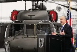  ?? Ned Gerard/Hearst Connecticu­t Media ?? Sikorsky Aircraft President Paul Lemmo speaks in January during a delivery ceremony for the 5,000th Black Hawk helicopter and its variant versions. Sikorsky and parent Lockheed Martin do not plan to file a lawsuit protesting a massive contract award to rival Bell.
