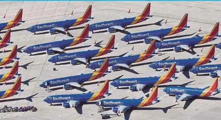  ?? AFP PIC ?? Southwest Airlines’ 737 MAX aircraft being grounded at the Southern California Logistics Airport in Victorvill­e, California, following the Ethiopian Airlines crash on March 10.