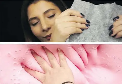  ?? COURTESY OF LILY WHISPERS; COURTESY OF GLITTER SLIMES ?? Lily Whispers massages fabric and Glitter Slimes kneads slime in their ASMR videos designed to provoke tingles in viewers.