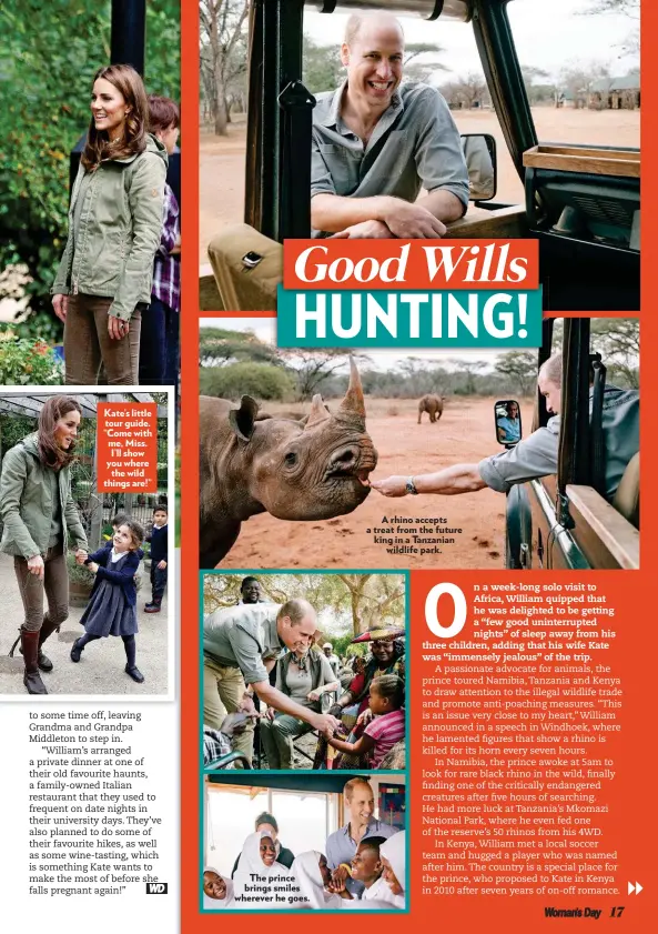  ??  ?? The prince brings smiles wherever he goes. A rhino accepts a treat from the future king in a Tanzanian wildlife park.