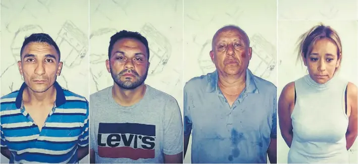  ??  ?? Acusados. José Antonio Castiblanc­o Florez (33), Rafael Humberto Vega Espitía (36), Jorge Arturo Ochoa (51) y Jenny Daryani Díaz Huertas (36), arrestados en Vicente López.