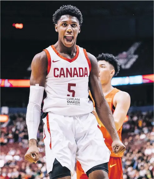  ?? —PNG ?? Canada’s R.J. Barrett during Friday’s exhibition game against China at Rogers Arena, part of the Pacific Rim Classic series. R.J. is following in the steps of his father, Rowan, who had a distinguis­hed basketball career.