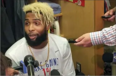  ?? TOM CANAVAN - THE ASSOCIATED PRESS ?? New York Giants wide receiver Odell Beckham Jr. speaks with reporters in the locker room at NFL football team’s training facility, Thursday, Sept. 14, 2017, in East Rutherford, N.J. Beckham, who has not practiced since spraining his ankle in a...