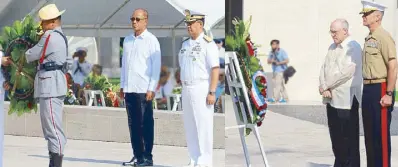  ??  ?? Defense Secretary Delfin Lorenzana, Armed Forces of the Philippine­s Deputy Chief of Staff Vice Adm. Narciso Vingson, Michael Klecheski and US Marine Corps Brig. Gen. John Jansen lead the floral offerings.