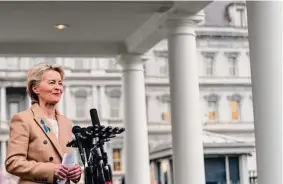  ?? Andrew Harnik/Associated Press ?? European Commission President Ursula von der Leyen speaks after meeting with President Joe Biden at the White House on Friday. They are negotiatin­g use of European minerals crucial for making electric vehicle batteries.