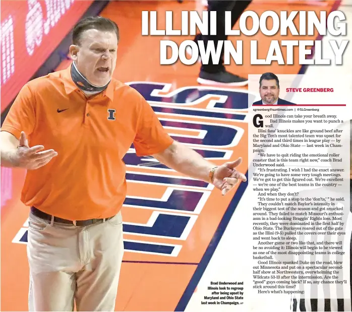 ?? AP ?? Brad Underwood and Illinois look to regroup after being upset by Maryland and Ohio State last week in Champaign.